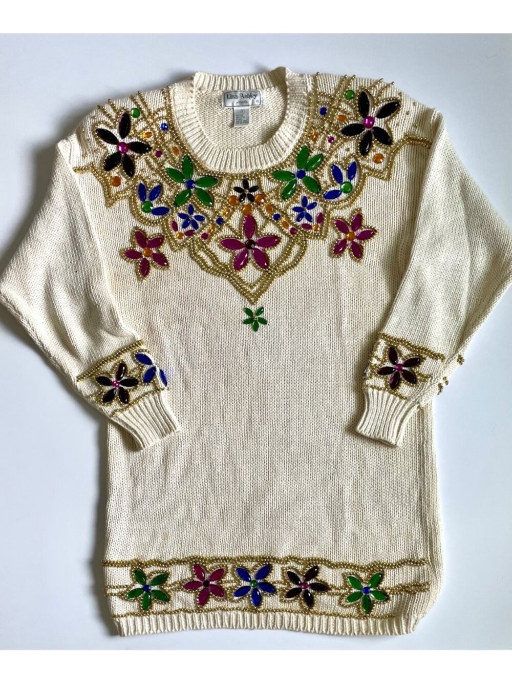Vintage Lisa Ashley Colorful Jeweled + Beaded Chunky Knit Oversize Sweater Small